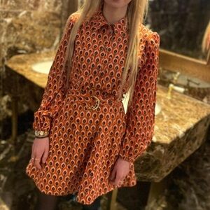 Zara Orange and Black patterned A-line Dress with belt and Bishop Sleeves